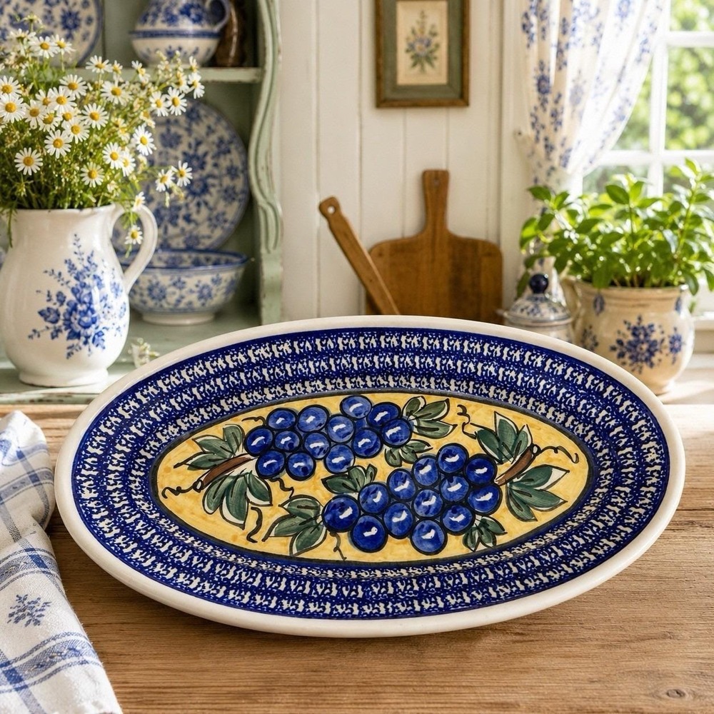 Authentic Boleslawiec Blue Rose Blue Grapes Oval Serving Platter 14" Poland